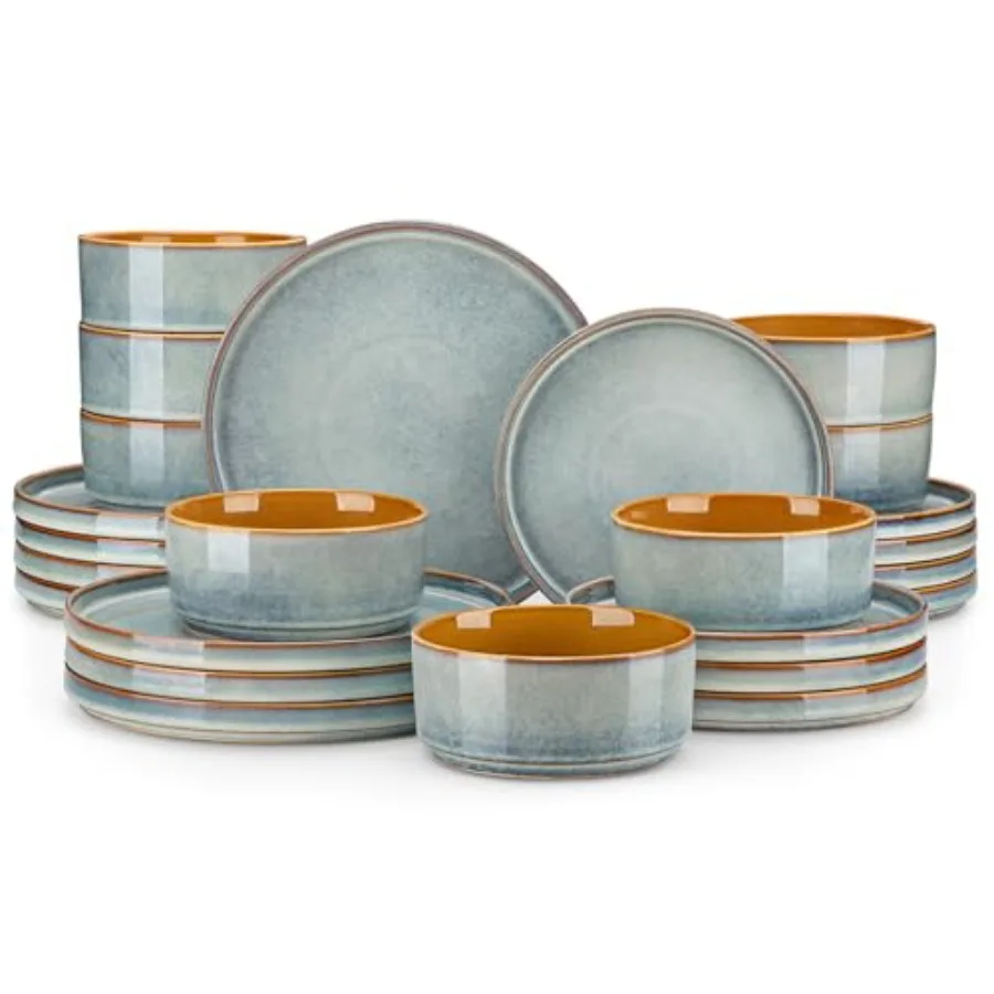 

Ceramic Plates and Bowls Sets 24 Pieces Light Blue Dinnerware for Kitchen Reactive Glaze Dishes Set for 8 Dishwasher and Microw