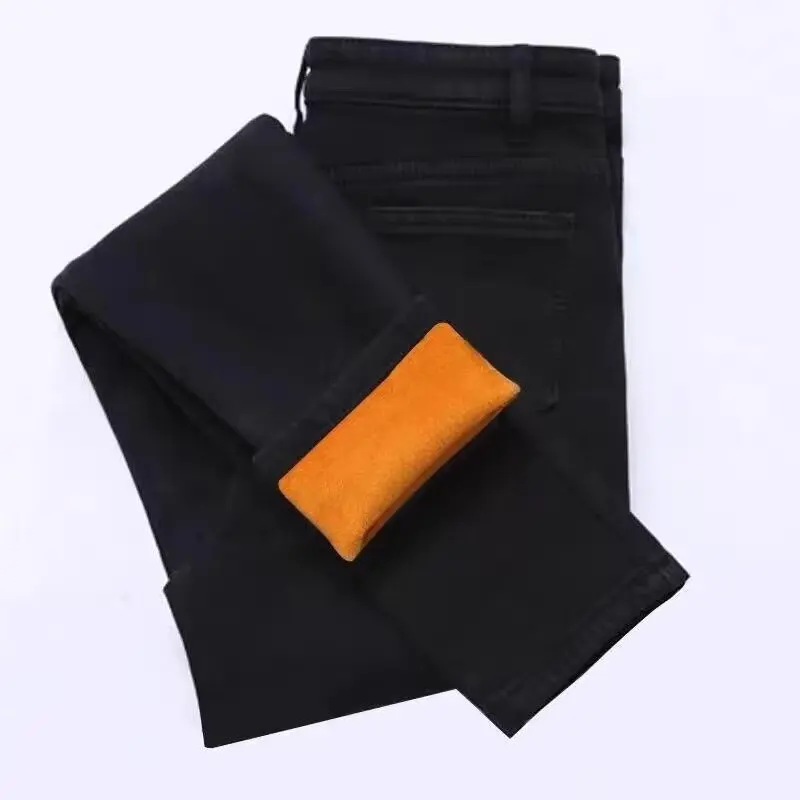 Women's Fleece Lined Denim Jeans High Waist Elastic Thickened Pencil Pants Winter Warm Cotton Stretchy Ladies Trousers