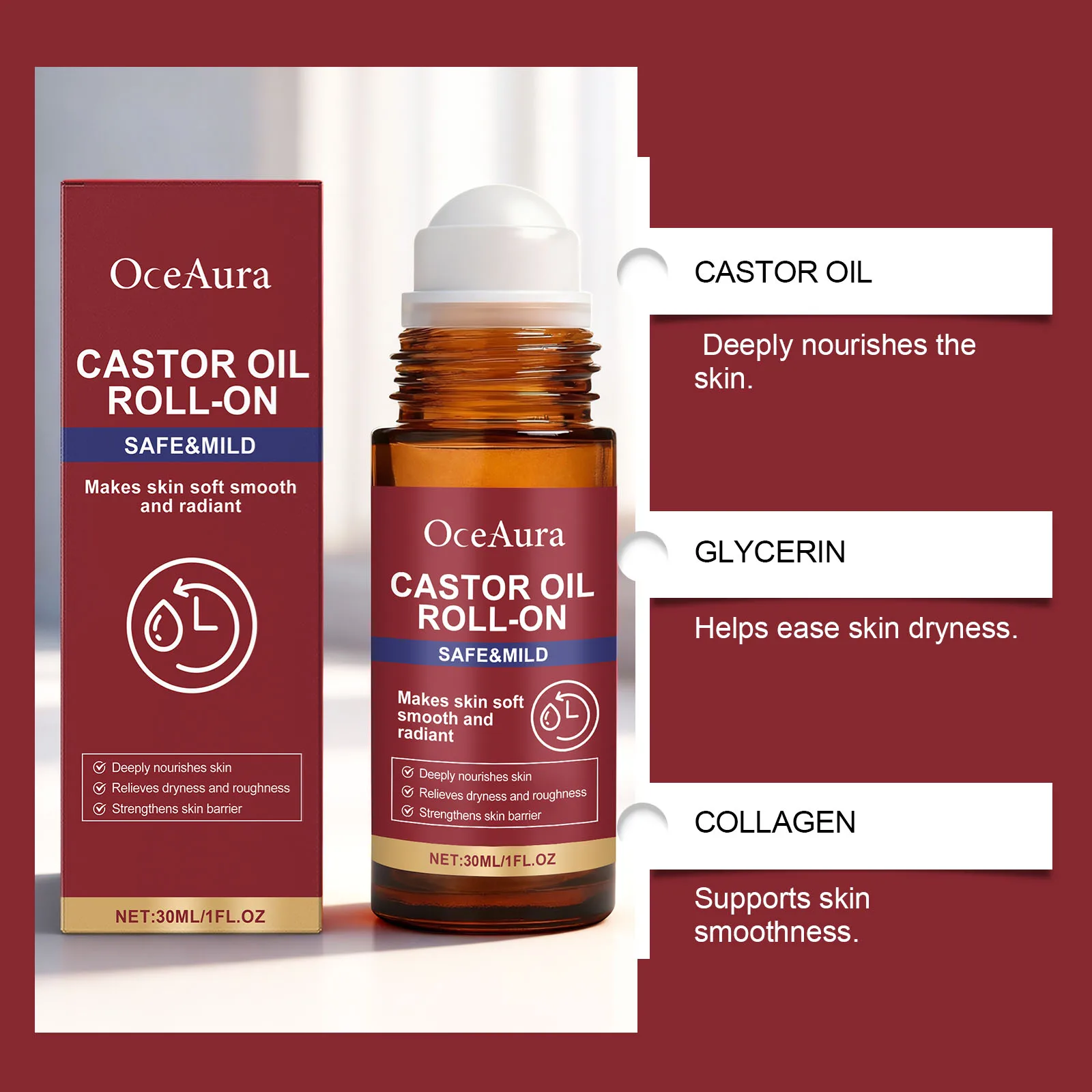Natural Castor Oil Roll-On Serum Roller Moisturizing Skin Smooth Skin Soothing Ball Massage Moisturize Nourish Facial Care 30ml