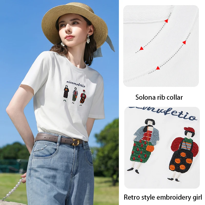 I BELIEVE YOU White Retro Character Embroidered Short Sleeve T-Shirt For Women 2026 Summer New Casual Design Tee Top 2262016360