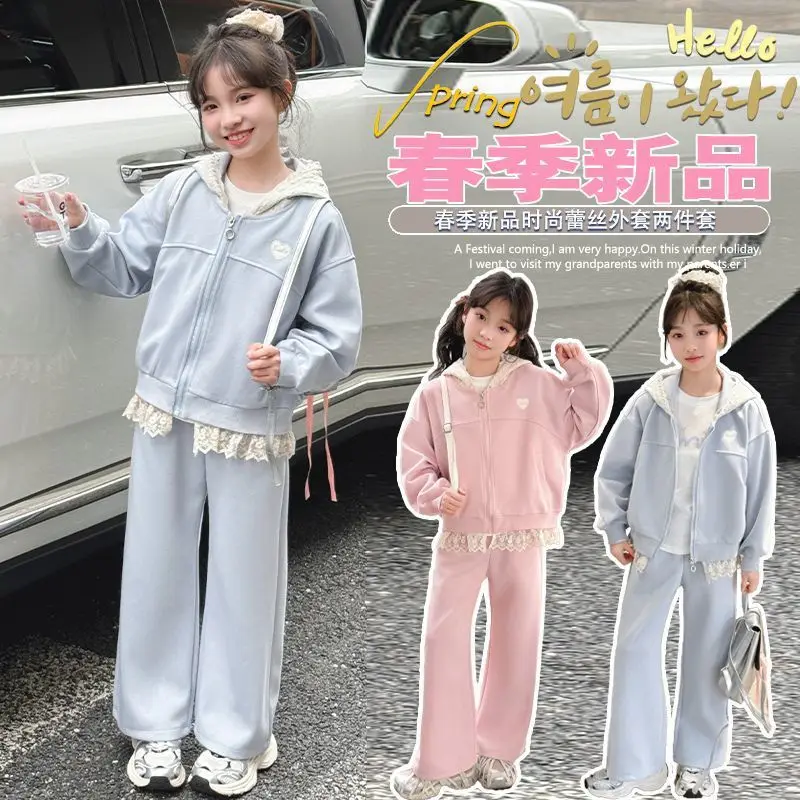 

Kawaii модная куртка на молнии с капюшоном для девочек, комплект брюк, студенческий осенний повседневный топ, широкие брюки, комплект из 2 предметов, детская одежда