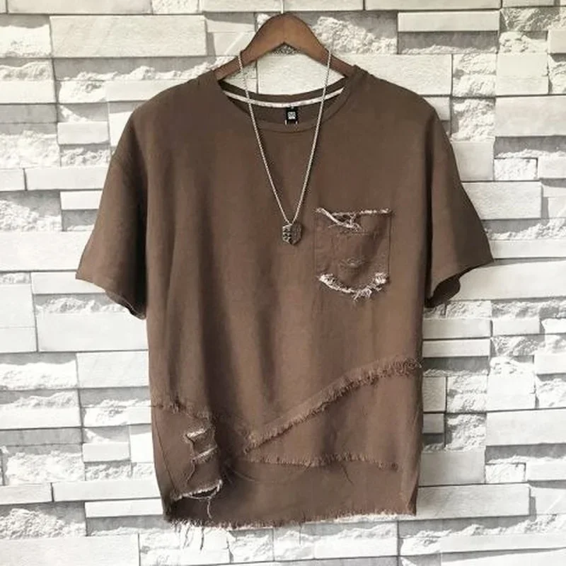 2024 Summer Mens New Beggar Hole Cotton Linen T-shirt Loose Round Neck Five-point Sleeve Korean Version Tide