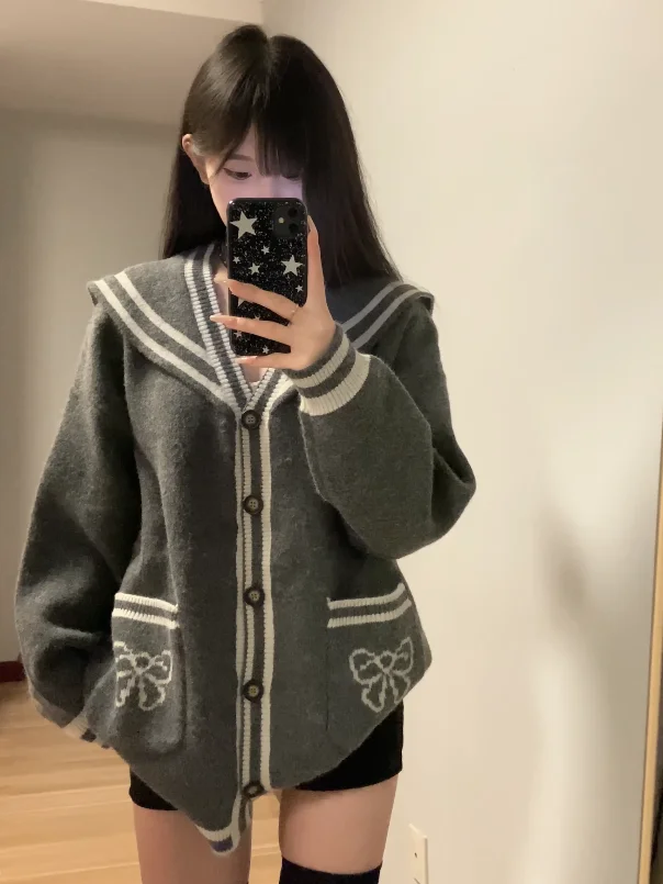 Gagaok Preppy Style Korean Fashion Cardigans Sweet Navy Collar Sweater Jacket Women Autumn Slimming Jacquard Knitted Cardigan