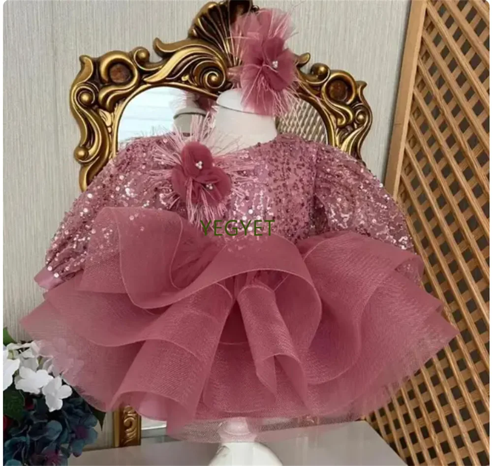 Fancy Pink Tulle Dress Baby Girl Dress Sequined Long Sleeve Toddler Birthday Dress Special Occasion First Communion Gowns