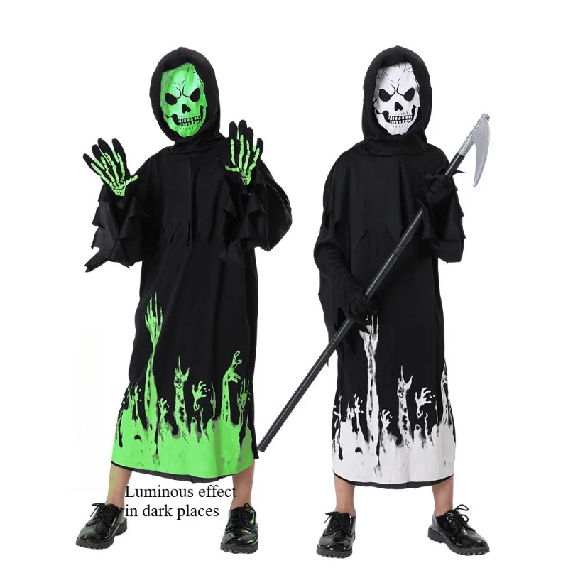 

Glow-in-the-Dark Halloween Costume for Kids Grim Reaper Vampire Outfit with Scythe Gothic Party USA Style Cosplay Costume
