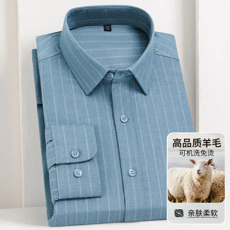 High end men's long sleeved shirt, business professional formal wool shirt, spring and autumn new styles, dad's striped top