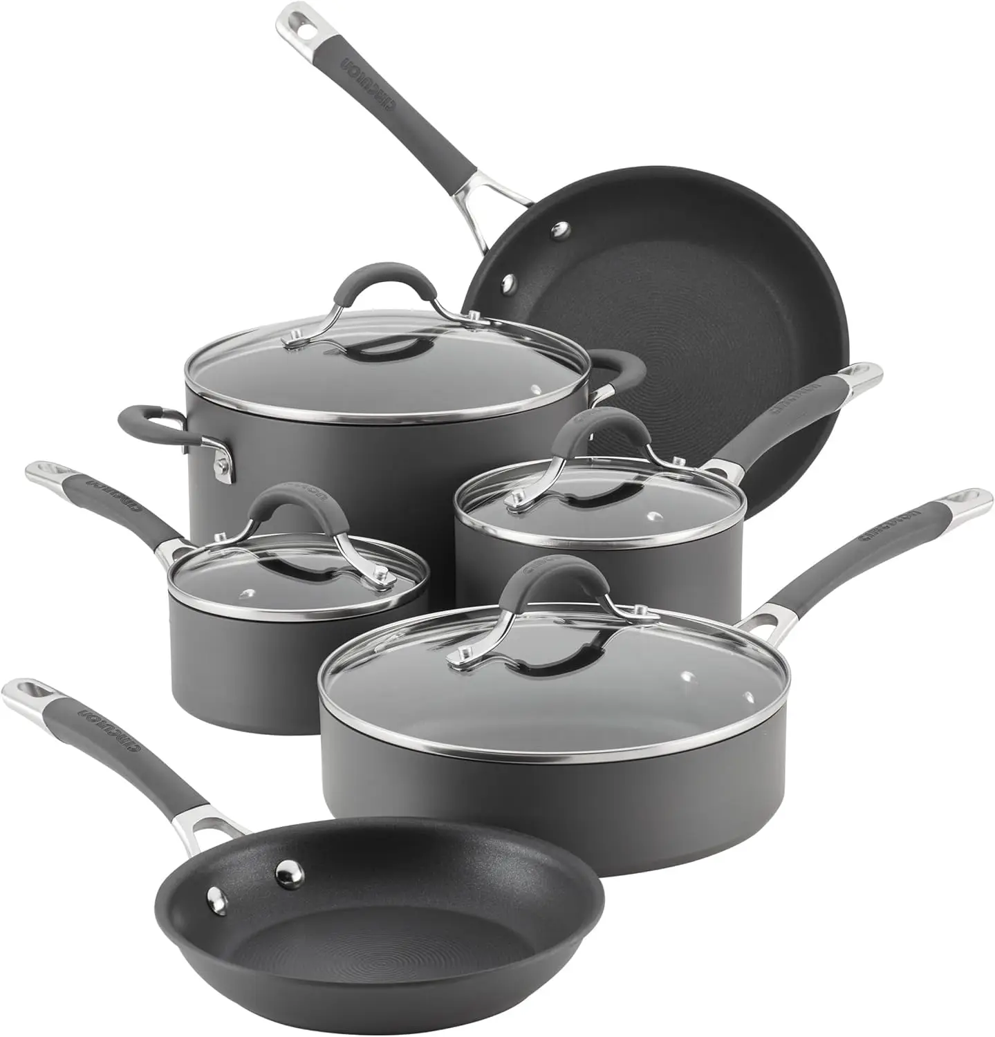 

10-Piece Nonstick Cookware Set, Hard Anodized Gray Pots and Pans with Glass Lids