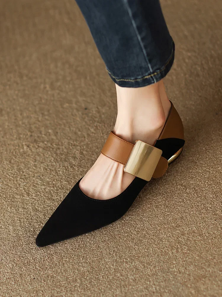 Women Nature Suede High Thick Heels SmallHut New 2023 Spring Black Apricot Square Toe Pumps Elegant Lady Metal Decoration Shoes