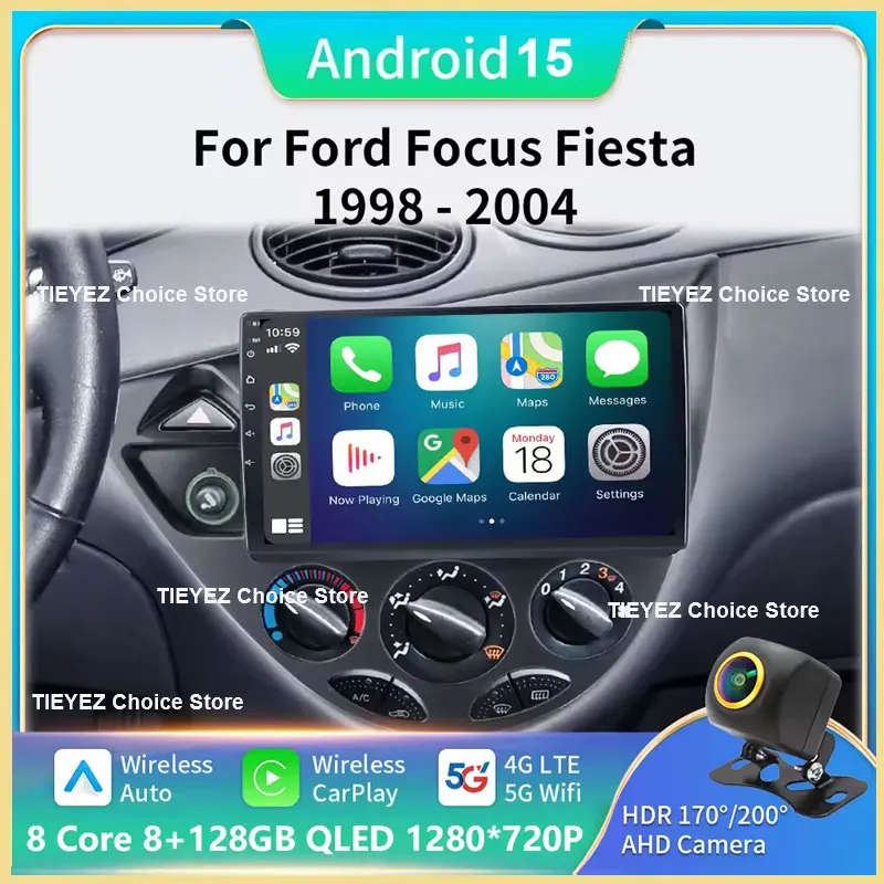 Android 15 para ford focus 1 lhd rhd 1998 - 2005 2k qled 12 + 256gb carplay rádio do carro reprodutor de vídeo multimídia gps unidade principal estéreo