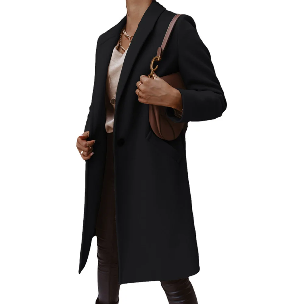 Classy Textured Solid Color Long Coat Button Down Lapel Collar Long Sleeve Pockets Loose Fit Warm Winter Commute Outerwear Coat