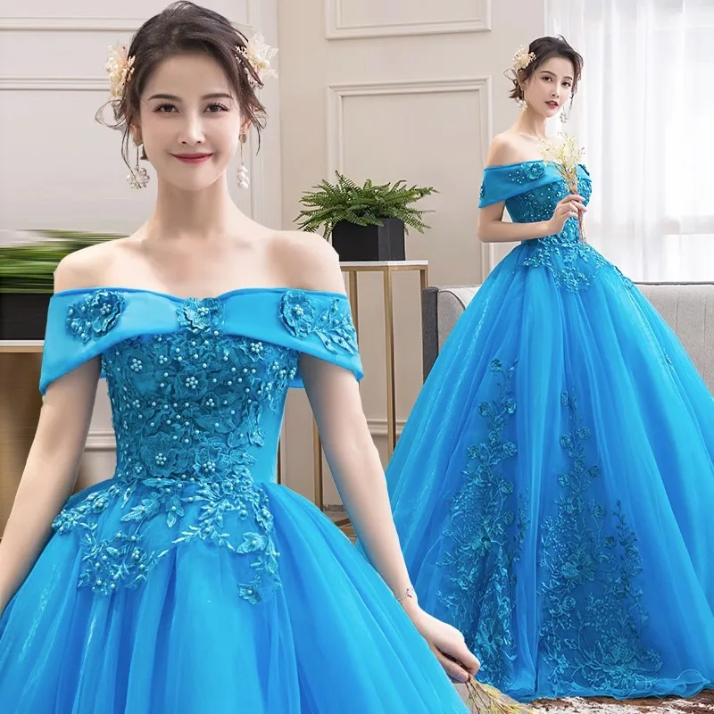 Gaun Quinceanera biru untuk 15 pesta bahu terbuka renda panjang gaun Formal ulang tahun putri gaun pesta ulang tahun manik-manik