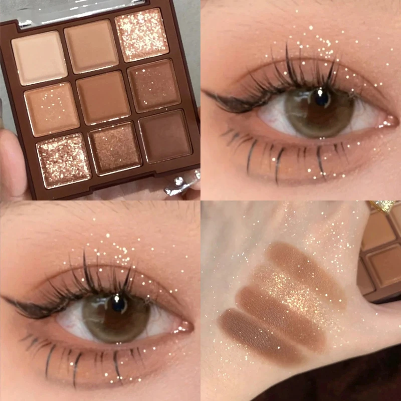 Palette de fards à barrage nacrés pailletés, maquillage des yeux, cosmétiques, 9 couleurs, chocolat, neuf carrés