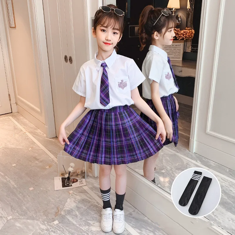 Girls Jk Uniform Student Summer Clothes Suit Short-Sleeved Shirt +Plaid Pleated Skirt Girls College Style Costume with Socks Tie