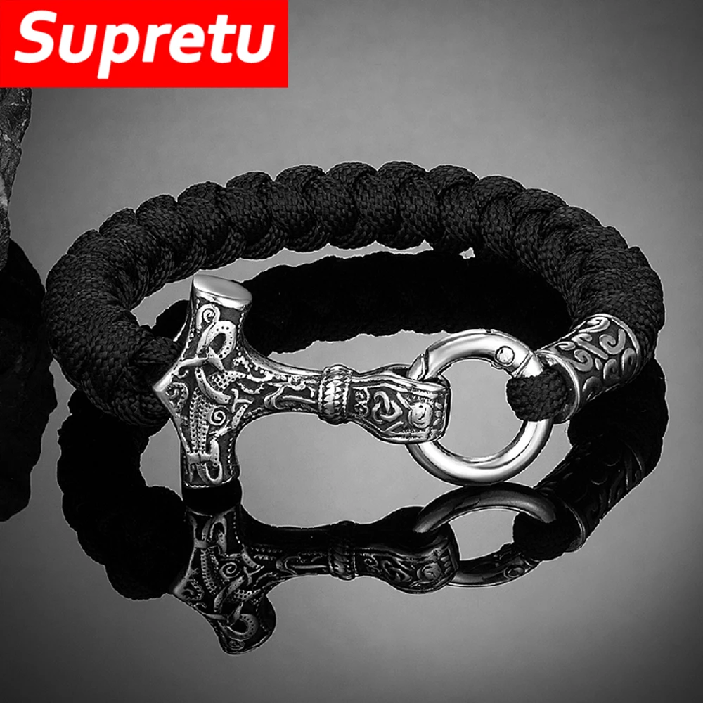 Vikings Thors Hammer Survival Bracelets Men Handmade Paracord Wristband Stainless Steel Norse Anchor Amulet Scandinavian Jewelry