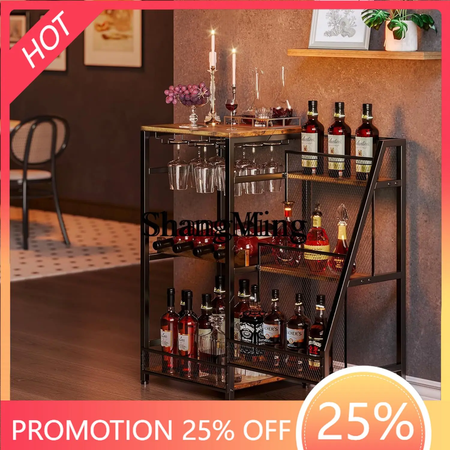 

FG good-looking bilateral wine rack freestanding floor six layers with fence storage rack multi-functional bar with glass