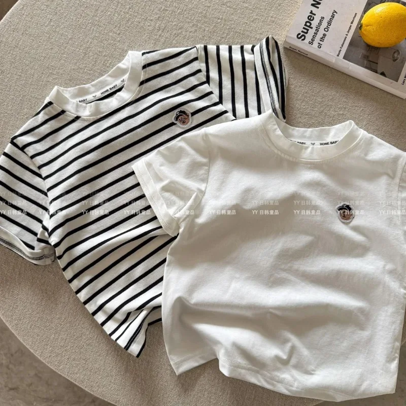 New Casual Short-sleeve T-shirt Children's Pure Cotton Crew Neck T-shirt Boys and Girls Cartoon Korean-style Top Kids Hot Style