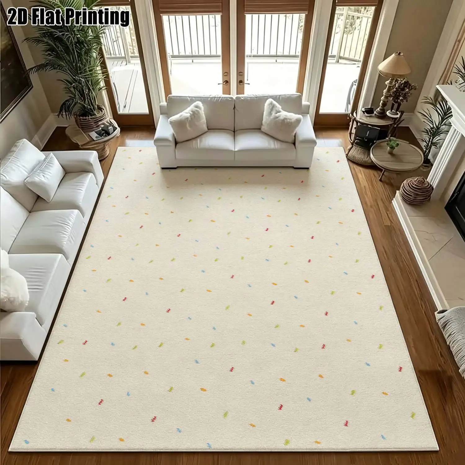 1Pc 2D Printed Beige Carpet with Colorful Small Floral Pattern Nordic-Style, Instagram-Inspired, Modern Minimalist Geometric Striped Floor Mats for Home Decor, Available in Multiple Sizes, Machine Washable, Ideal for Entryway, Dining Room, Foyer, Bedroom, Living Room.