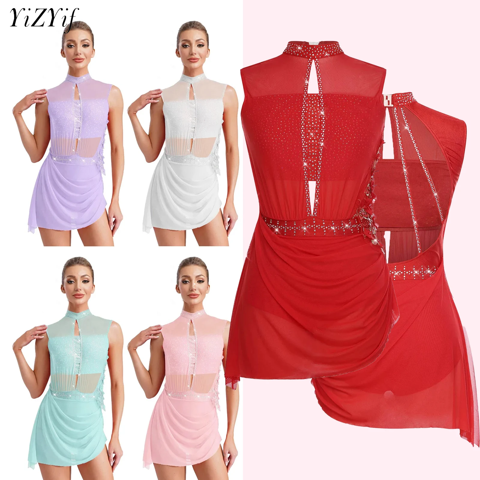 

Womens Lyrical Dance Dress Figure Skating Ballet Gymnastics Performance Dancewear Cutout Sleeveless Rhinestone Leotard Dress
