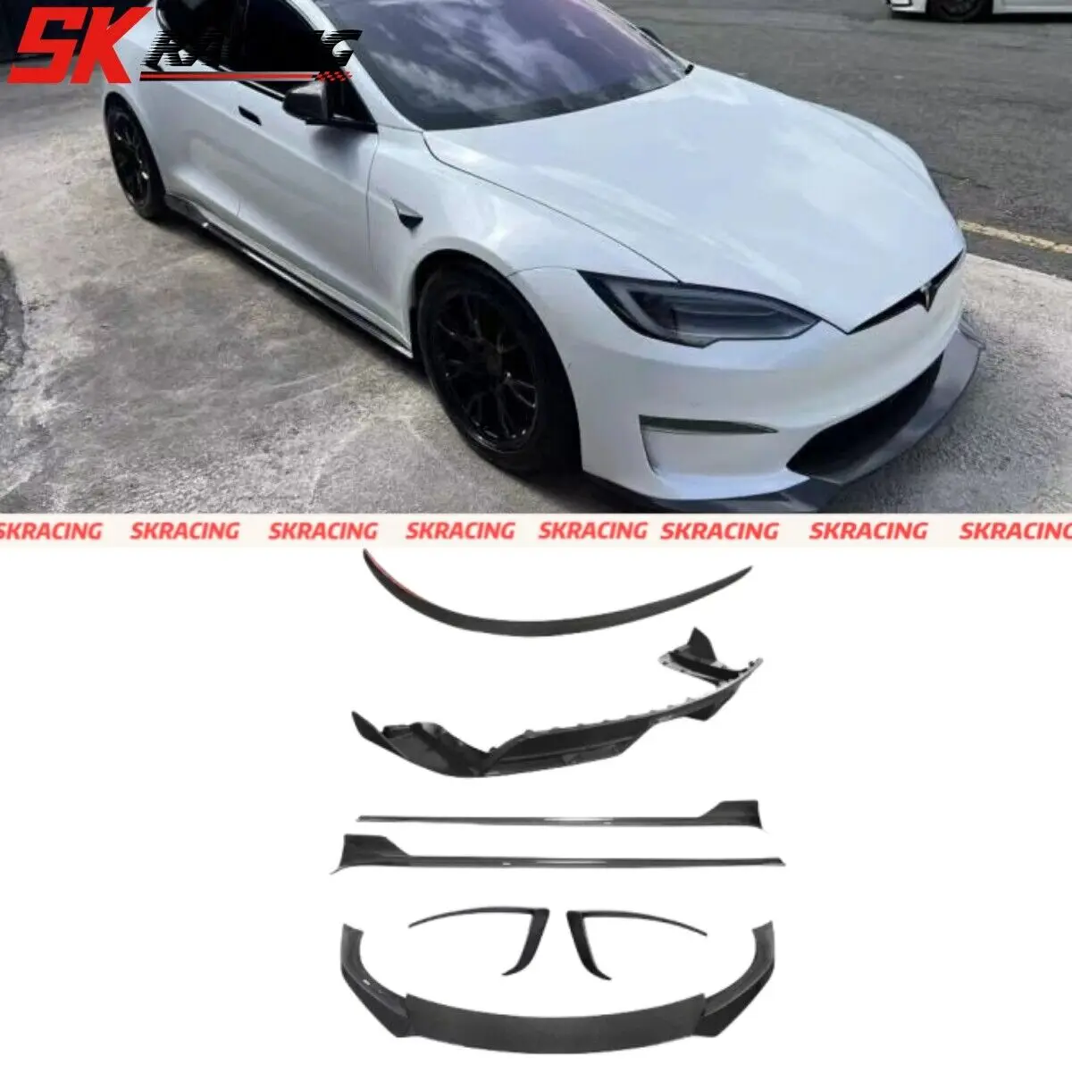 For Tesla Model S Sedan 2021-2023 Real Carbon Fiber Front Rear Lip Bumper Side Skirts Body Kit