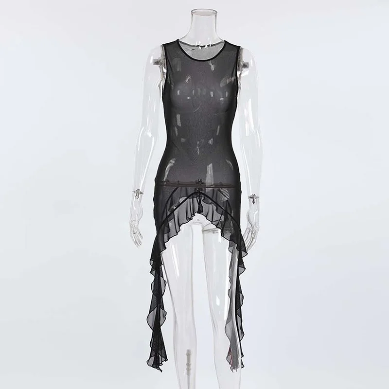 Tornova Mesh See Through Women's T shirt Fashion Sleeveless Streamer Splice Top Solid Slim Color Sexy T shirt 2025 Summer New