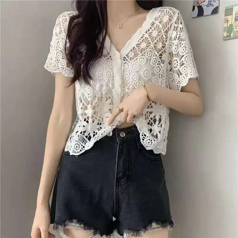 

Sheer Crochet Top Button Front V-Neck Short Sleeve Open-knit Embroidery Blouse Women Summer Boho Vacation Outfit