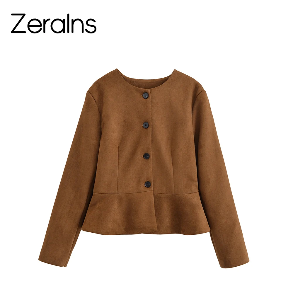 

ZERAINS 2025 Autumn New Maillard Waste Soil Style Brown Suede Suede Round Neck Waist Jacket Coat