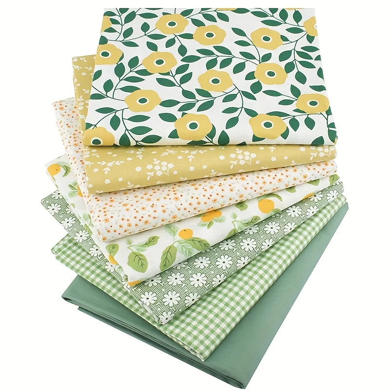 7 pcs green floral checkered cotton fabric, suitable for DIY beginners to pre cut and splice fabrics, bedding, and patch fabrics