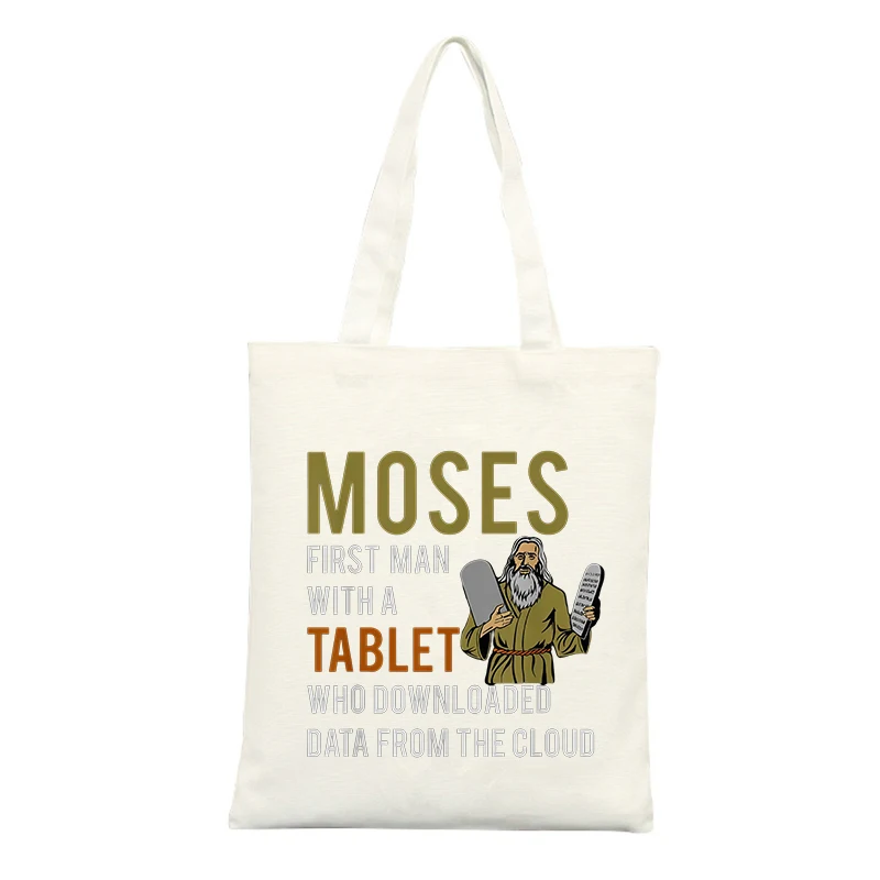 Canvas Tote Bag with Bearded Figure and Stone Tablets Graphic, Casual Style for Daily Use and Shopping
