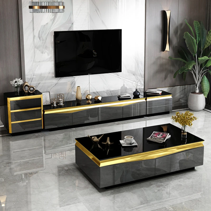 

TV Stand Modern Living Room TV Monitor Stand Gold Stainless Steel Cabinet Mesa+tv Table+Coffee Centro Table House Furniture