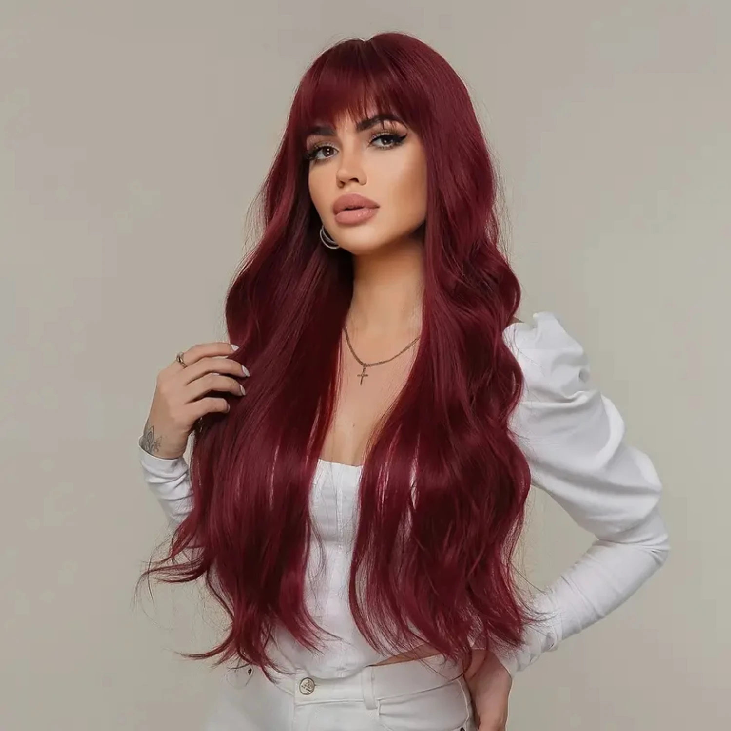 

Gorgeous Long and Layered Wine Red Gradient Synthetic Wig with Bangs - Stunning Heat Resistant Black Root Wig for Women, Perfect