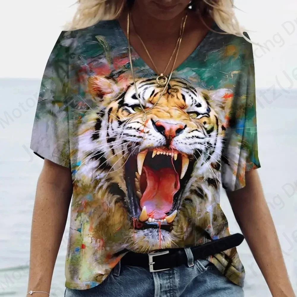 Summer Vintage Women T-shirts 3d Animal Tiger Print Tshirt Women Fashion T-shirt V-Neck Oversized T Shirt Women\'s Clothing Anime