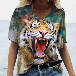 Summer Vintage Women T-shirts 3d Animal Tiger Print Tshirt Women Fashion T-shirt V-Neck Oversized T Shirt Women's Clothing Anime