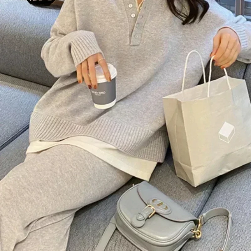 Pant Sets Women's Sweater Long Sleeve Top Pullovers Knitwears Wide Leg Pants Two Piece Set for Women Korean Casual Suit A971