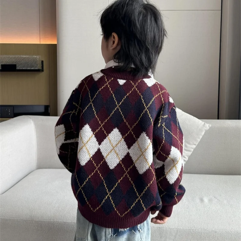 Boys Woolen Sweater Crochet Cotton Windbreak 2024 Plaid Plus Thicken Autumn Winter Pullover Warm Children's Clothing