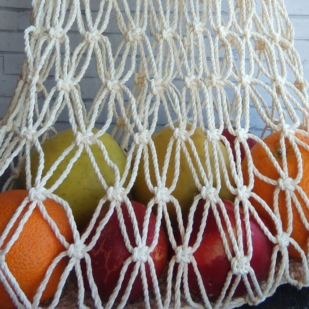 Handwoven Fruit Hammock White Cotton Hanging Storage Basket Space Saving Home Kitchen Net Pocket Decoration