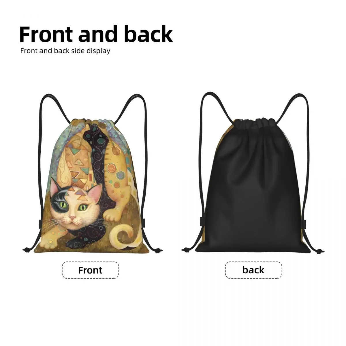 Custom Oil Painting Gustav Klimt Cat Drawstring Backpack Women Men Sport Gym Sackpack Portable Training Bag Sack