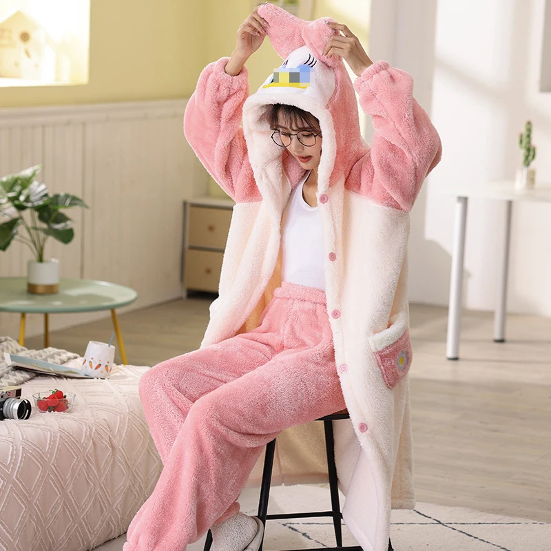 Women's Pajamas Pants Two Pieces Set Fleece Kawaii Casual Hooded Homewear Winter Warm Cartoon Soft Plush Nightgown Robes Suit