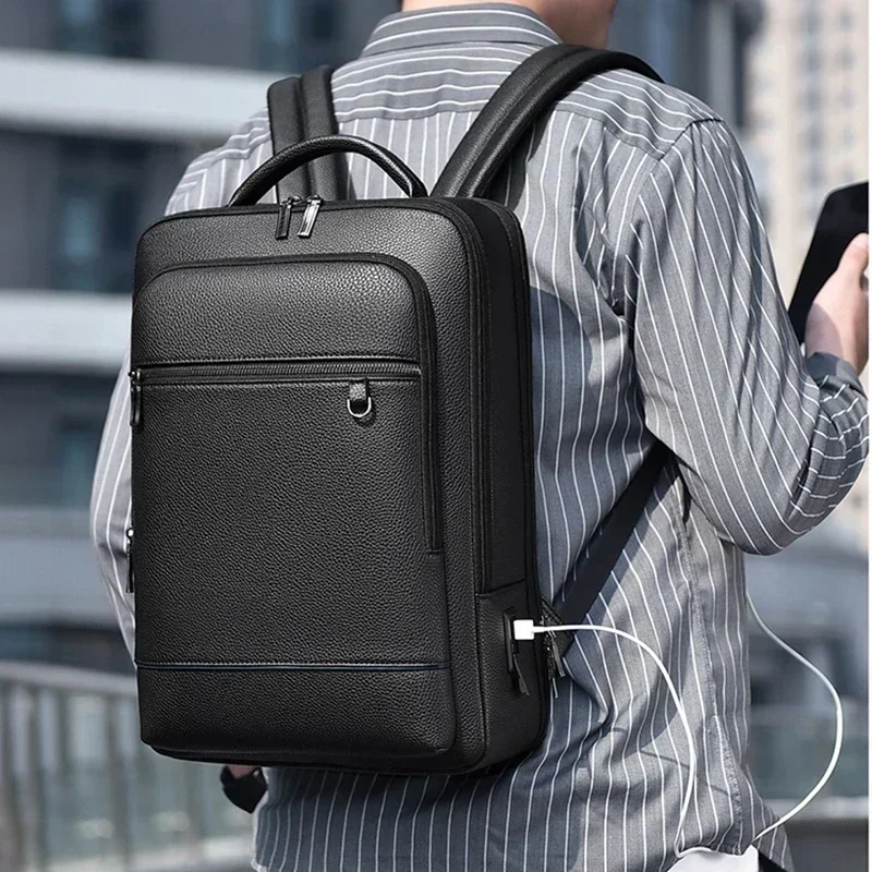 Executive Backpack Men PU Leather Satchel USB Charging Briefcase Office Travel Laptop Office Business Shoulder Back Pack Male