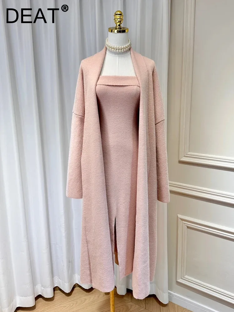 

DEAT Women's 2 Pieces Set Split Revers Strapless Dress 2024 Autumn Long Sleeve Loose Sweater Coat Female Solid New Suits 15C442