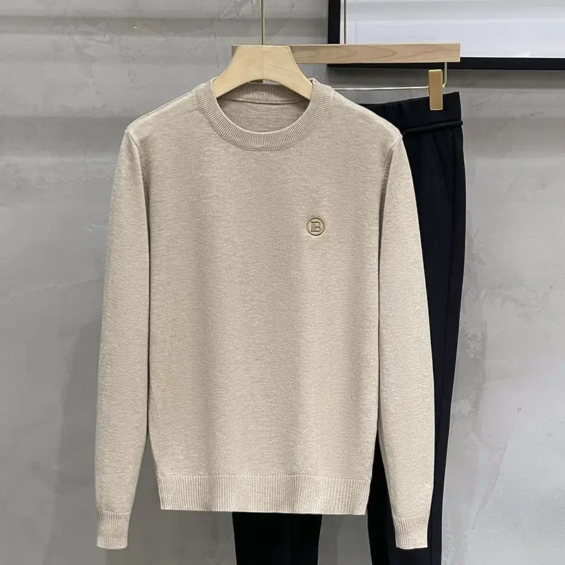 Men's Autumn Winter Solid Pullover Round Neck Striped Embroidered Screw Thread Lantern Long Sleeve Sweater Knitted Casual Tops