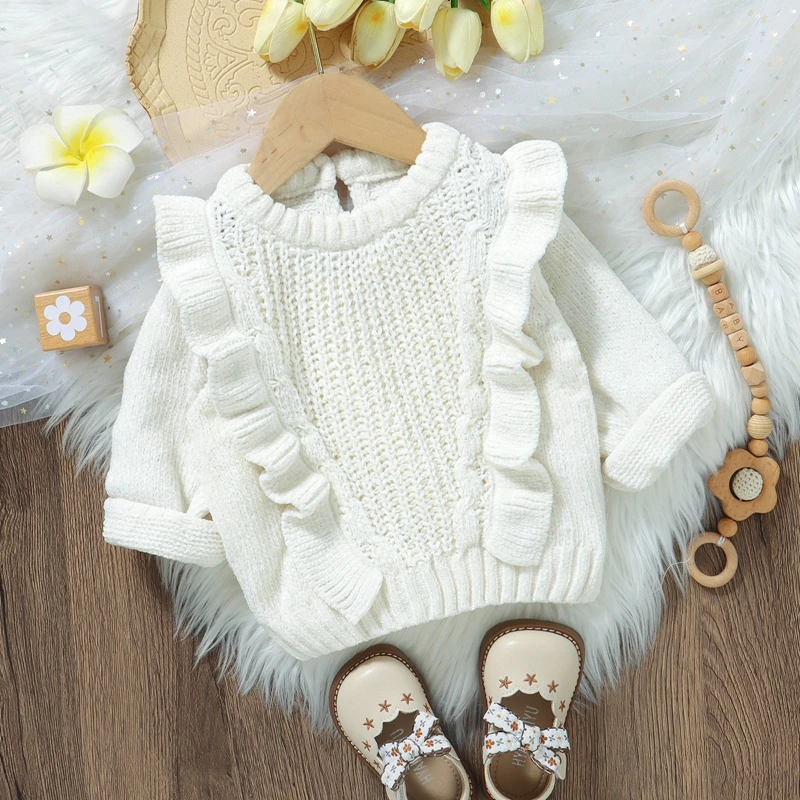 Baby Girl Sweater Long Sleeve Crew Neck Frills Solid Winter Warm Knit Pullover Sweater Infant Clothes