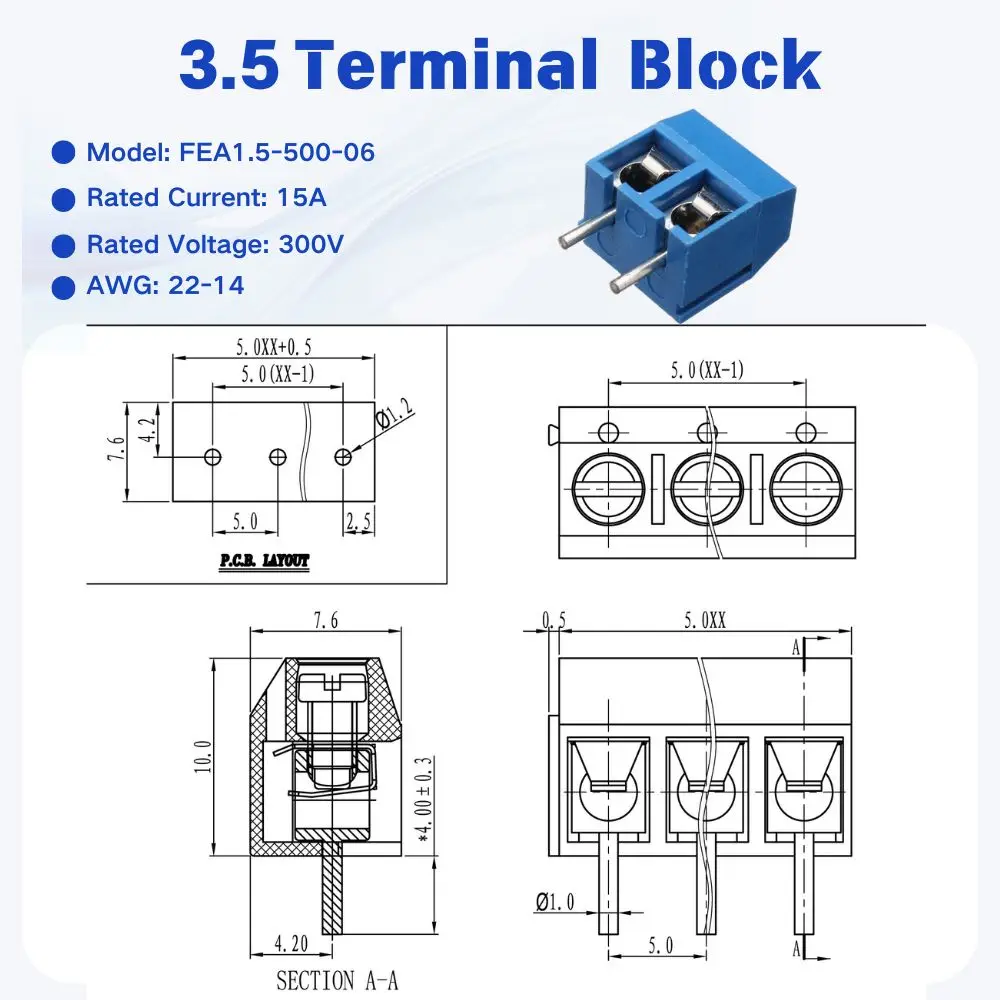 DG301 KF301 5.0mm Pitch High Current Screw PCB Terminal Block, Modular Multi-position Circuit Wiring Plug Connector