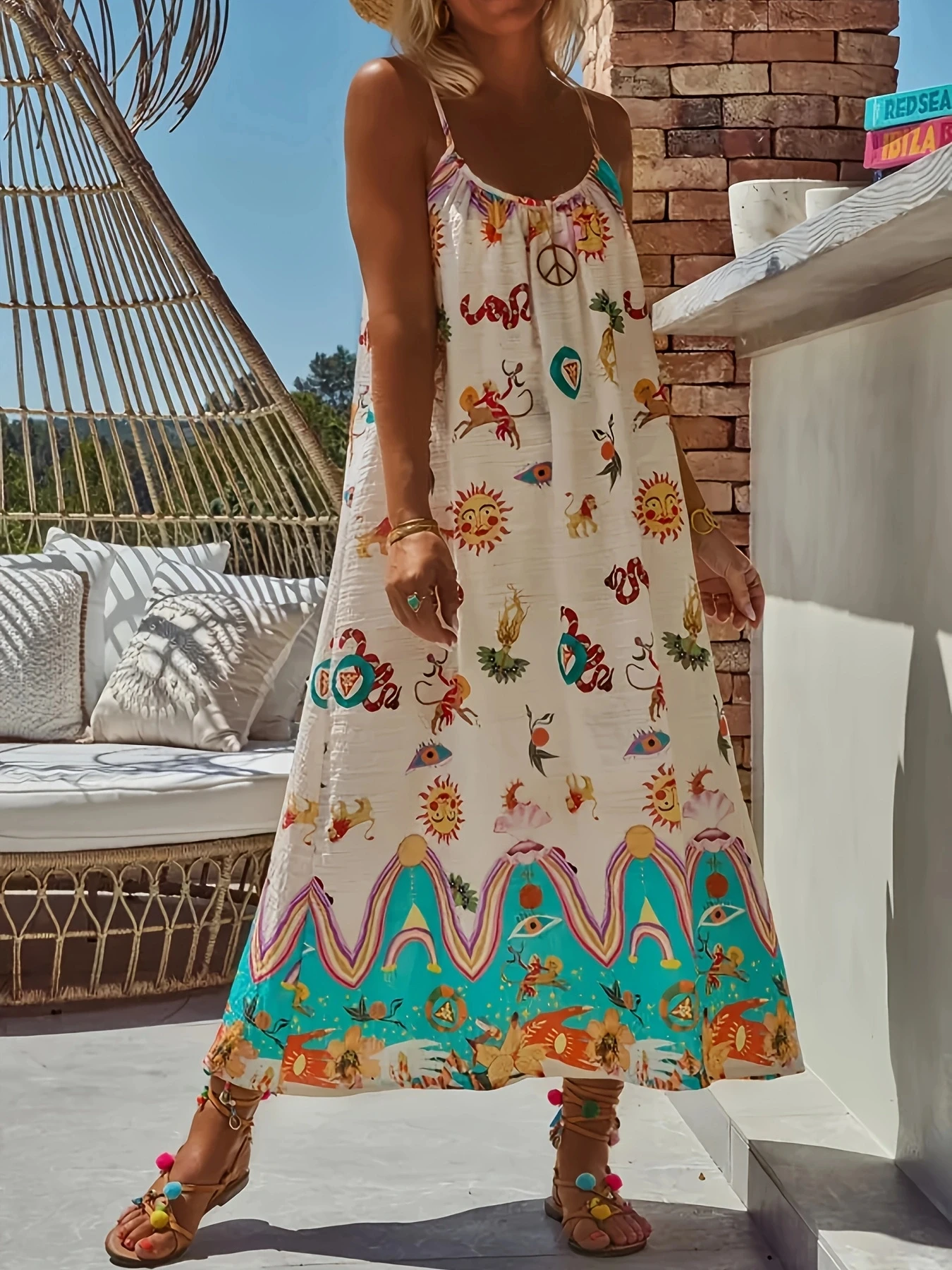 Women's Spaghetti Strap Boho Print Maxi Dress, Casual and Trendy Summer Beach Dress