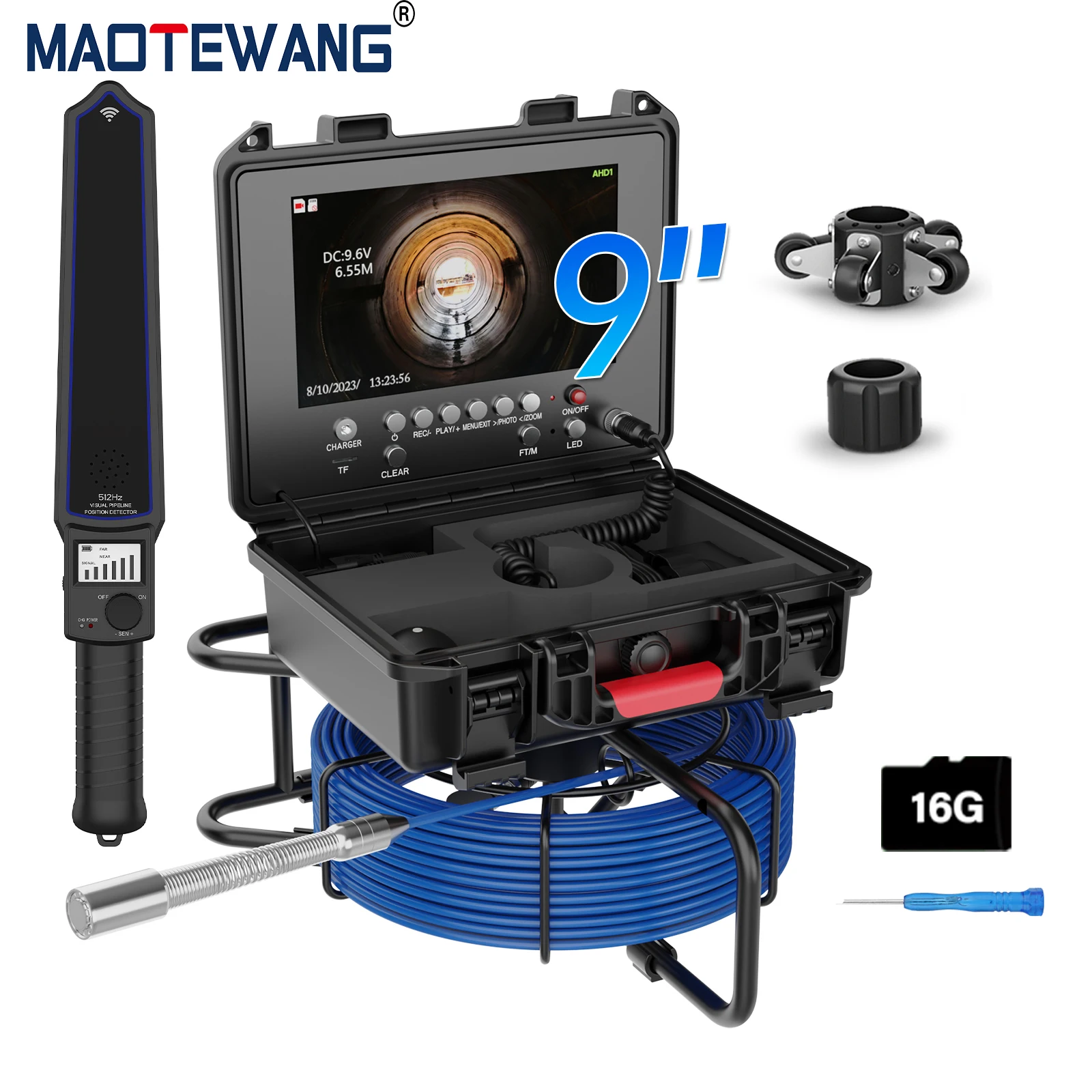 Câmera de inspeção de tubulação de esgoto, 9 polegadas, com autonivelamento, 512hz, localizador, contador, endoscópio, vídeo + gravação de áudio, bateria de 4500mah