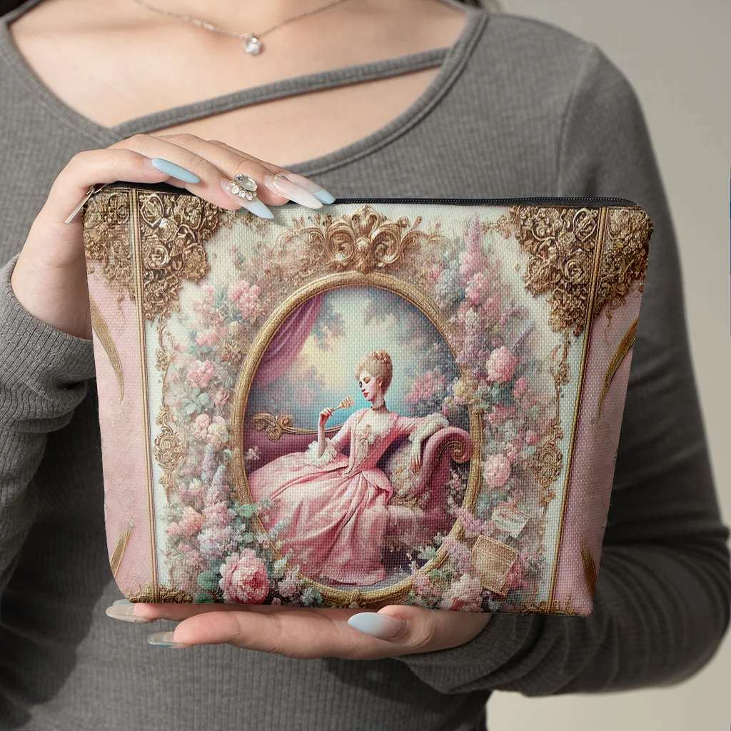 1 Piece of an Elegant Character Makeup Bag Surrounded by Roses - Multifunctional Zipper Pouch for Women, Perfect Travel Zipper Storage Bag, Fun Birthday Gift