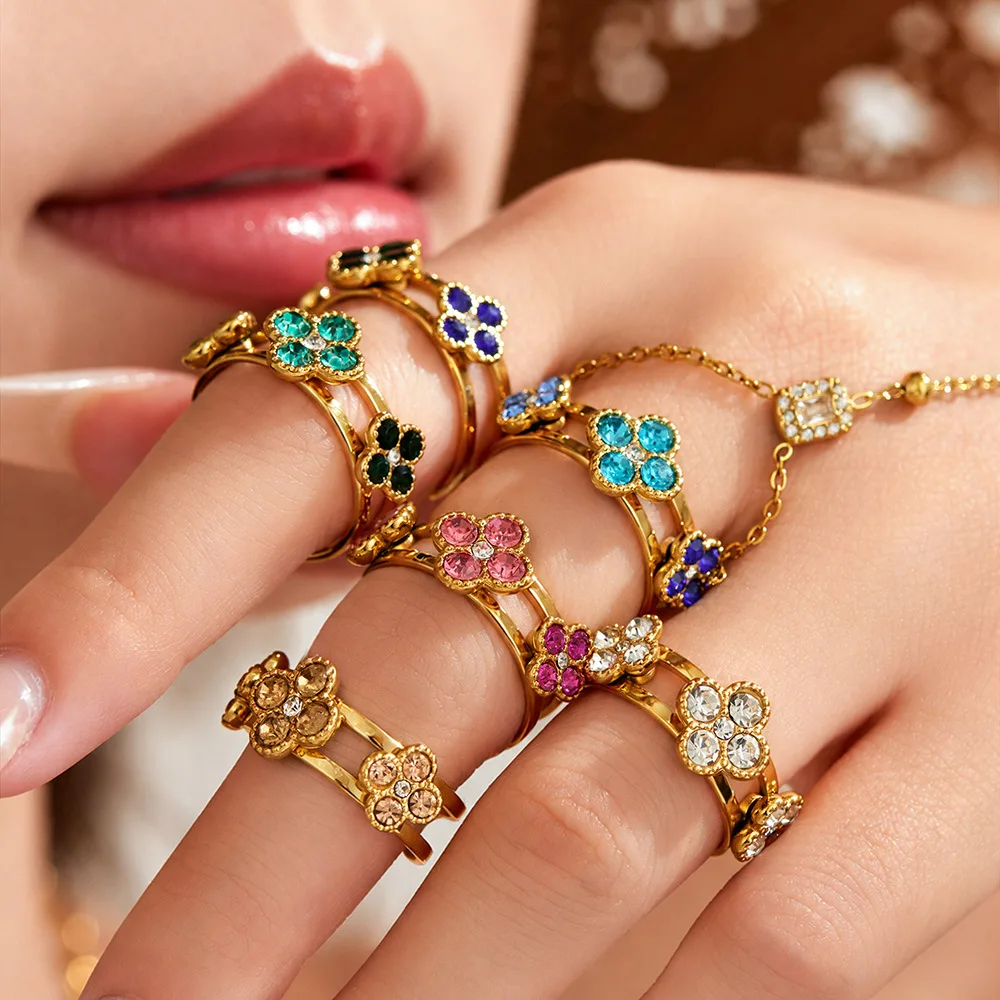 Farbiger Blumen-Zirkon Glücksbringer Vierblättriges Kleeblatt Offener Ring 316L Edelstahlring 18K vergoldet Trendiger Modeschmuck für Damen – Detail 3