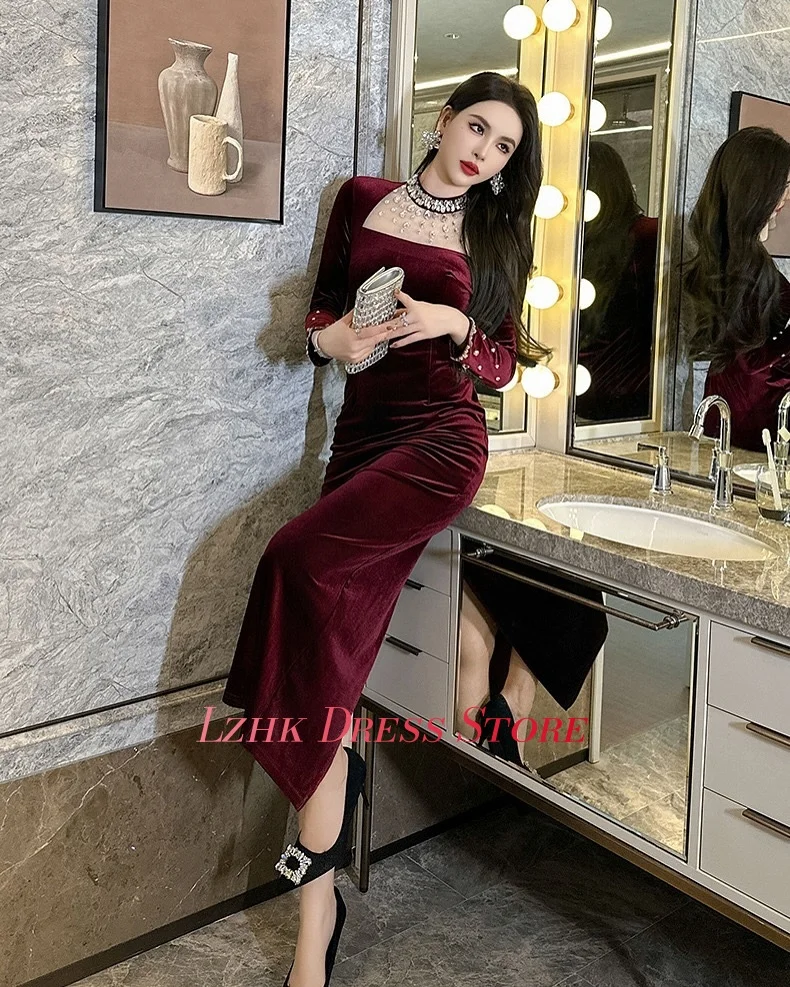 Temperamento personalizzato Velluto Dritto Abito da sera in cristallo Maniche lunghe di lusso O-Collo Lunghezza tè فسات Бmavera