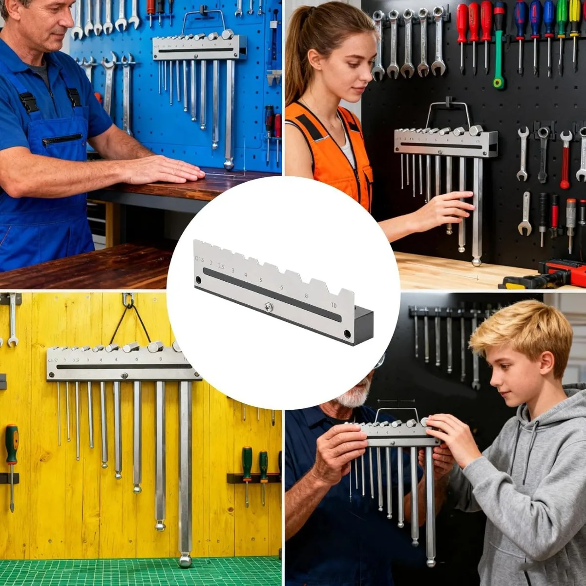 Wall‑Mount 9‑Slot Hex Key Organizer Rack, Metal Allen Hex Wrench Holder Fits 1.5‑10mm, Metal Tool Storage Shelf for Workshop