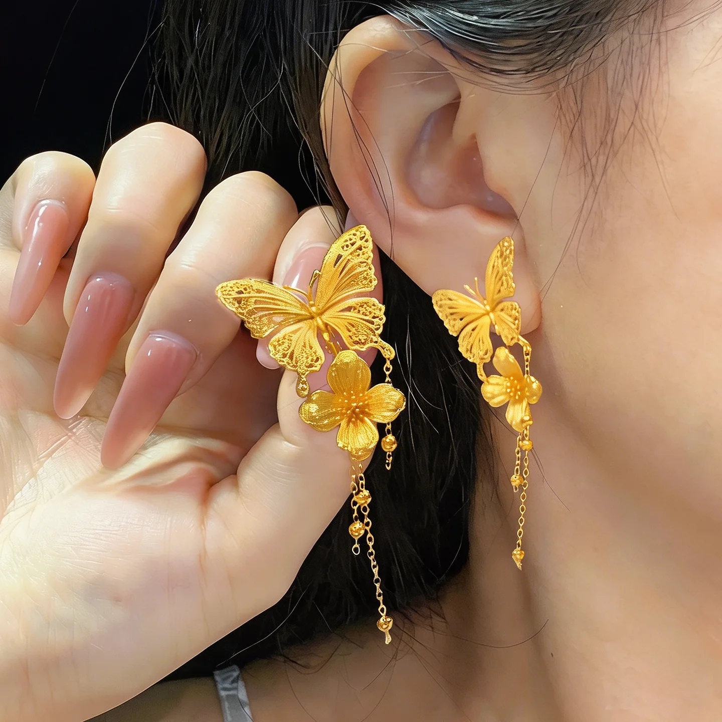Luxury 24K 9999 Pure Gold real gold Women's Silk Butterfly Flower Tassel Earrings