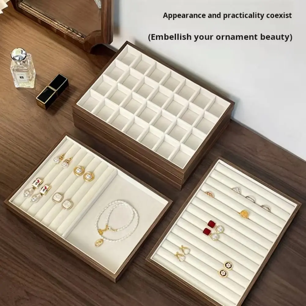 Multi-Compartment Wooden Jewelry Display Tray Solid Wood Flat Bottom High-end Necklace Organizer Large Capacity Multi-purpose